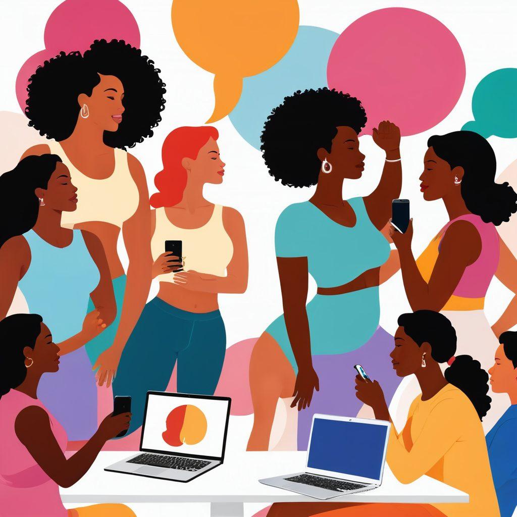 A diverse group of women engaged in an empowering conversation, surrounded by digital tools like smartphones and laptops that display body positivity messages. Incorporate elements of female anatomy artfully integrated into the background, such as abstract representations of curves and silhouettes. Use a bright and uplifting color palette to convey positivity and empowerment. super-realistic. vibrant colors. white background.