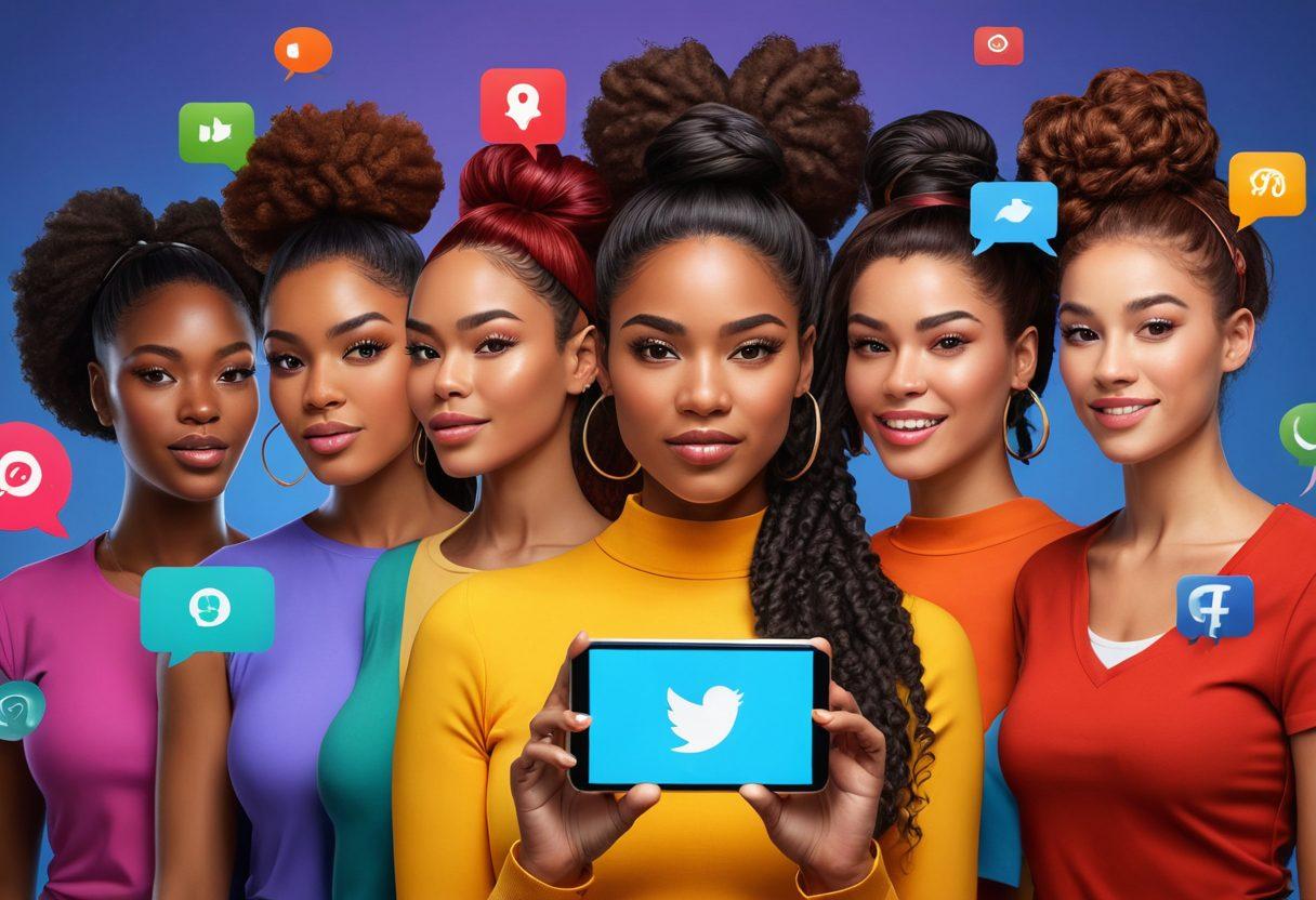 A dynamic scene depicting diverse women of various ethnicities engaging in animated discussions around digital devices, symbolizing online platforms. Incorporate speech bubbles filled with health symbols and information, highlighting the theme of empowerment. The background should include digital icons representing social media and health. The overall mood should be vibrant and empowering, showcasing unity and strength among women. super-realistic. vibrant colors. modern digital art.