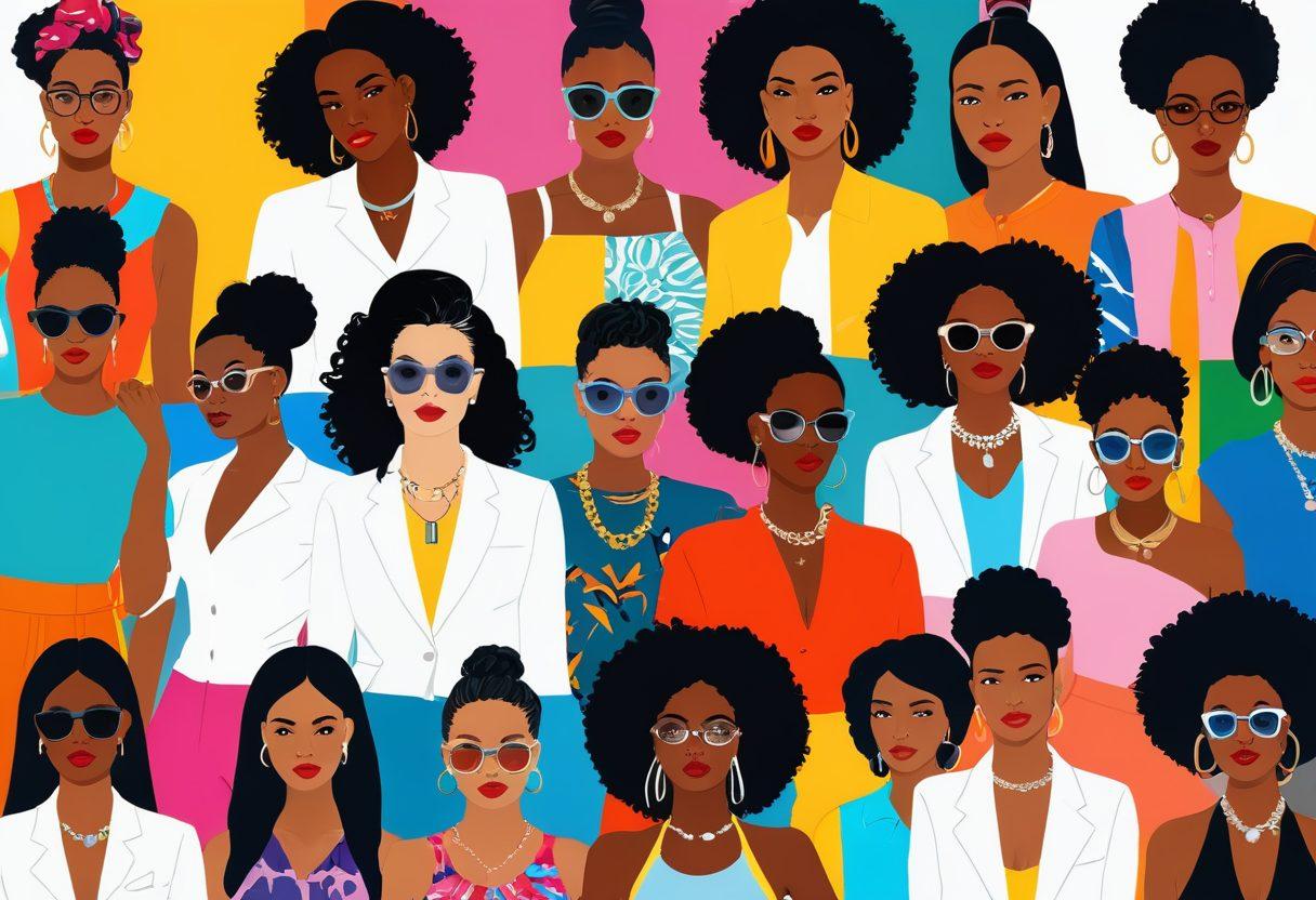 A bold and vibrant collage of diverse women expressing their individuality through fashion, each with unique styles and accessories. Include modern social media icons subtly in the background, emphasizing connection and self-expression. Use bright colors to convey energy and empowerment, while incorporating symbols of feminism like the female gender symbol. The scene should feel dynamic and inclusive, capturing the spirit of navigating sexuality through fashion. vector art. vibrant colors. white background.
